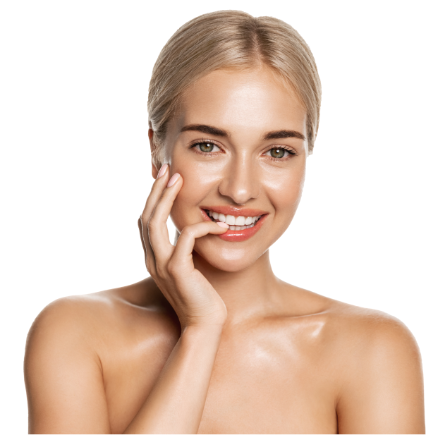 Charming young female biting fingernail and smiling